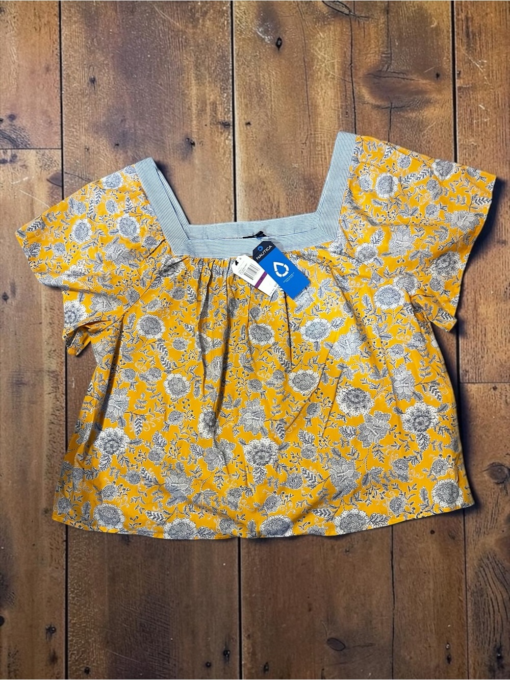 Nautica Yellow Floral Square-Neck Blouse with Gray Trim